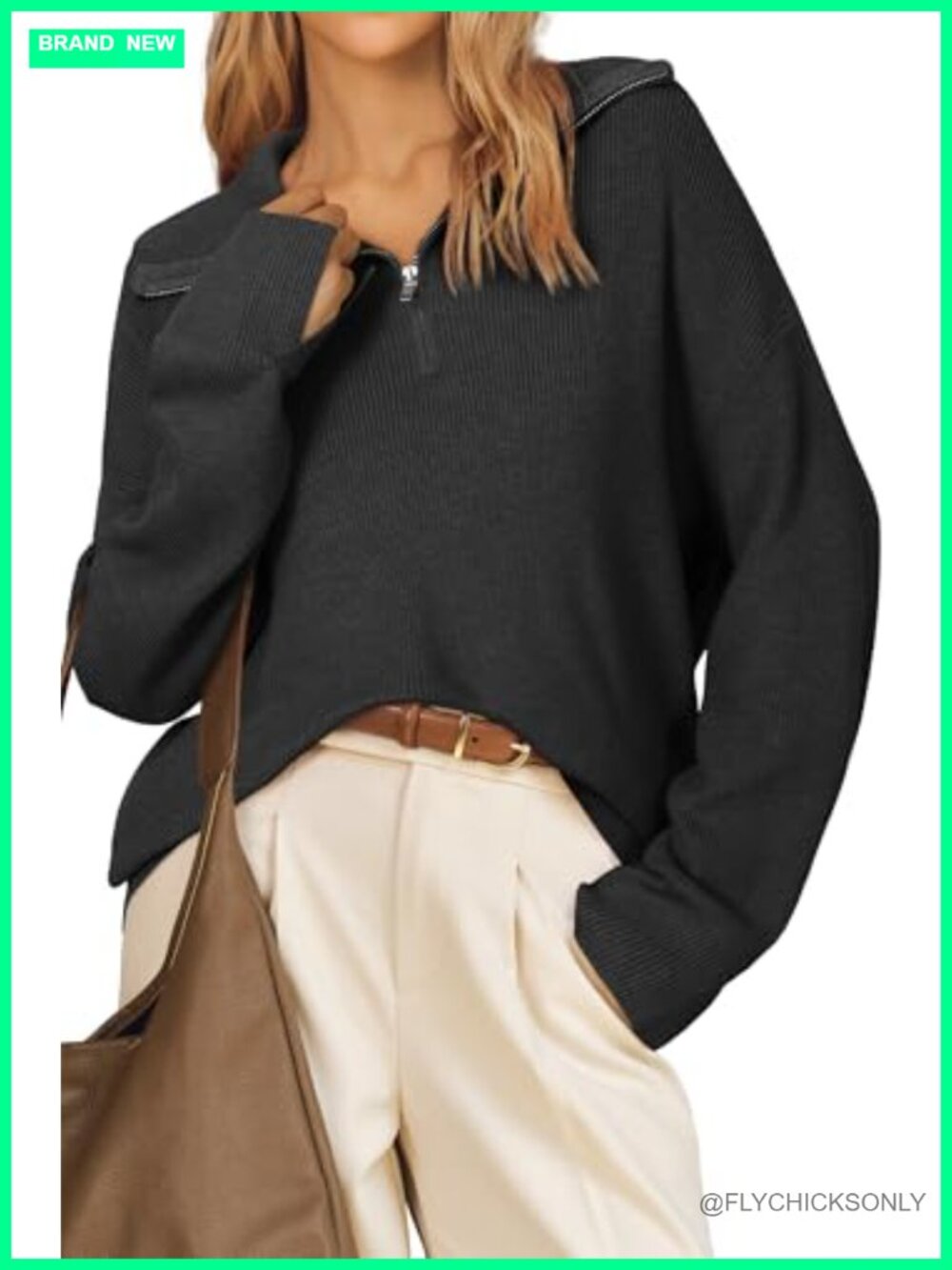 Wool Blend Oversized Quarter Zip Sweater Lapel Collar Pullover